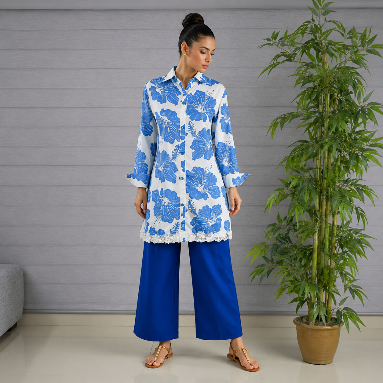 Blue Floral Printed Kurti with Navy Straight Pants